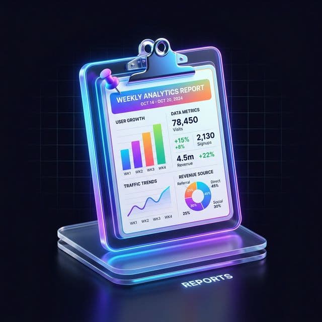 Glowing 3D analytics report on a clipboard