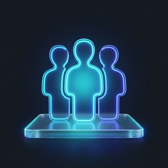 Neon 3D figures standing together on a glass base