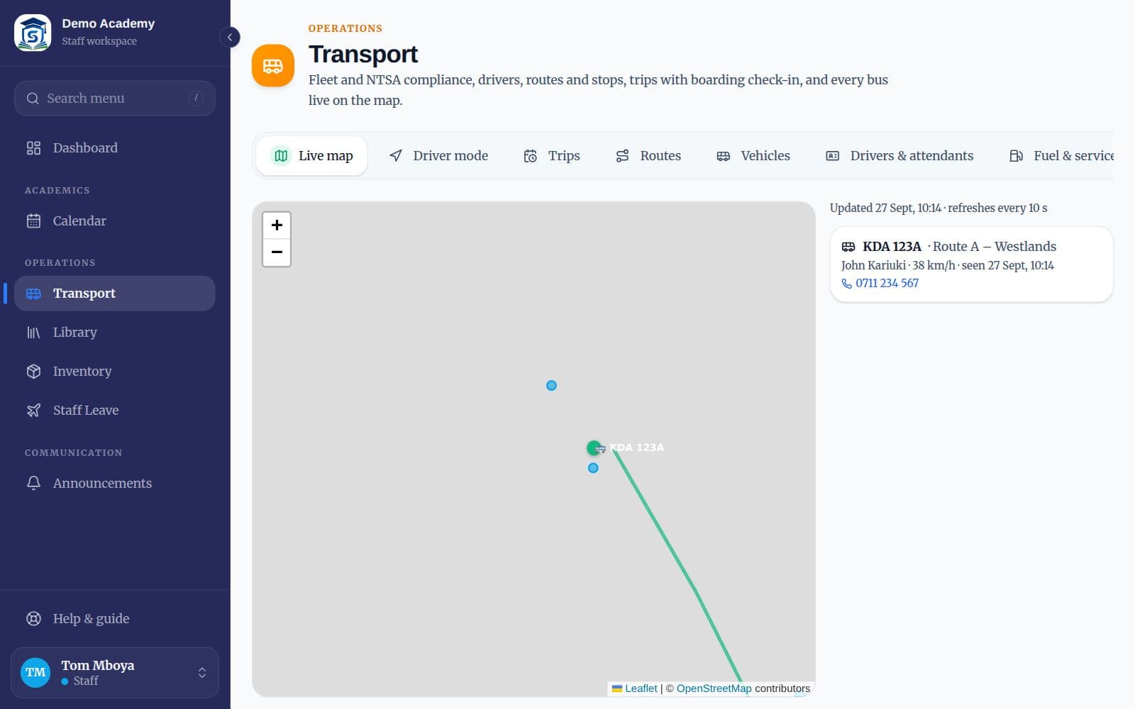 The live transport map with a bus and its details