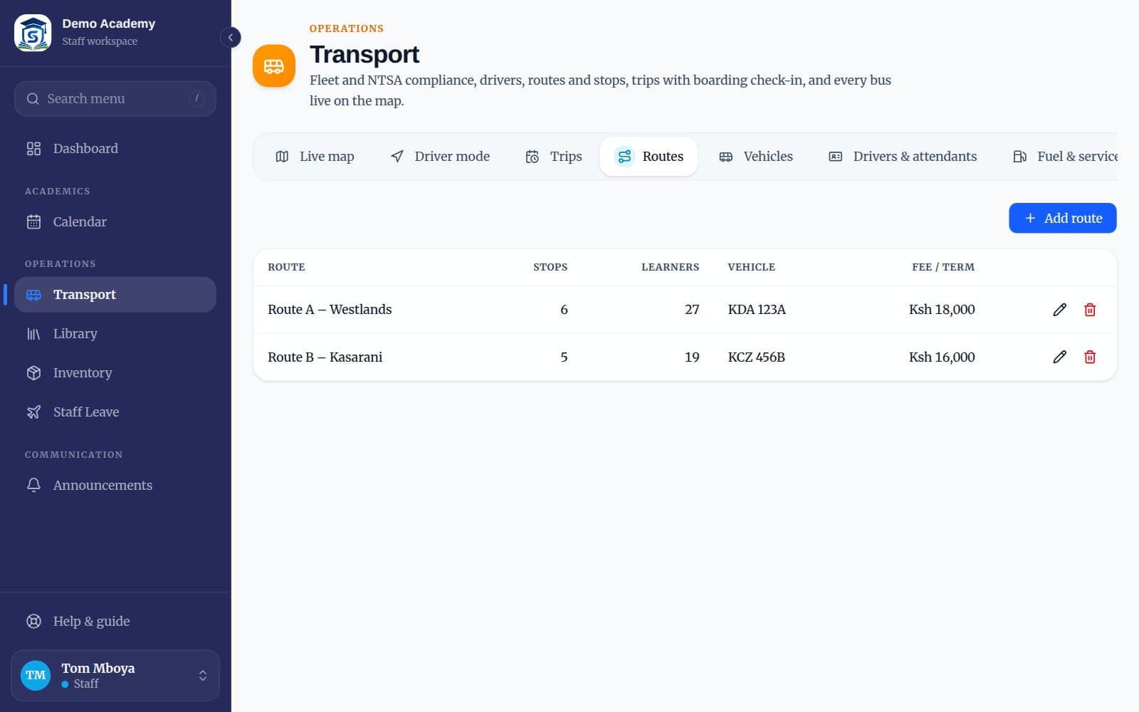Routes with stops, learners, vehicle and fee