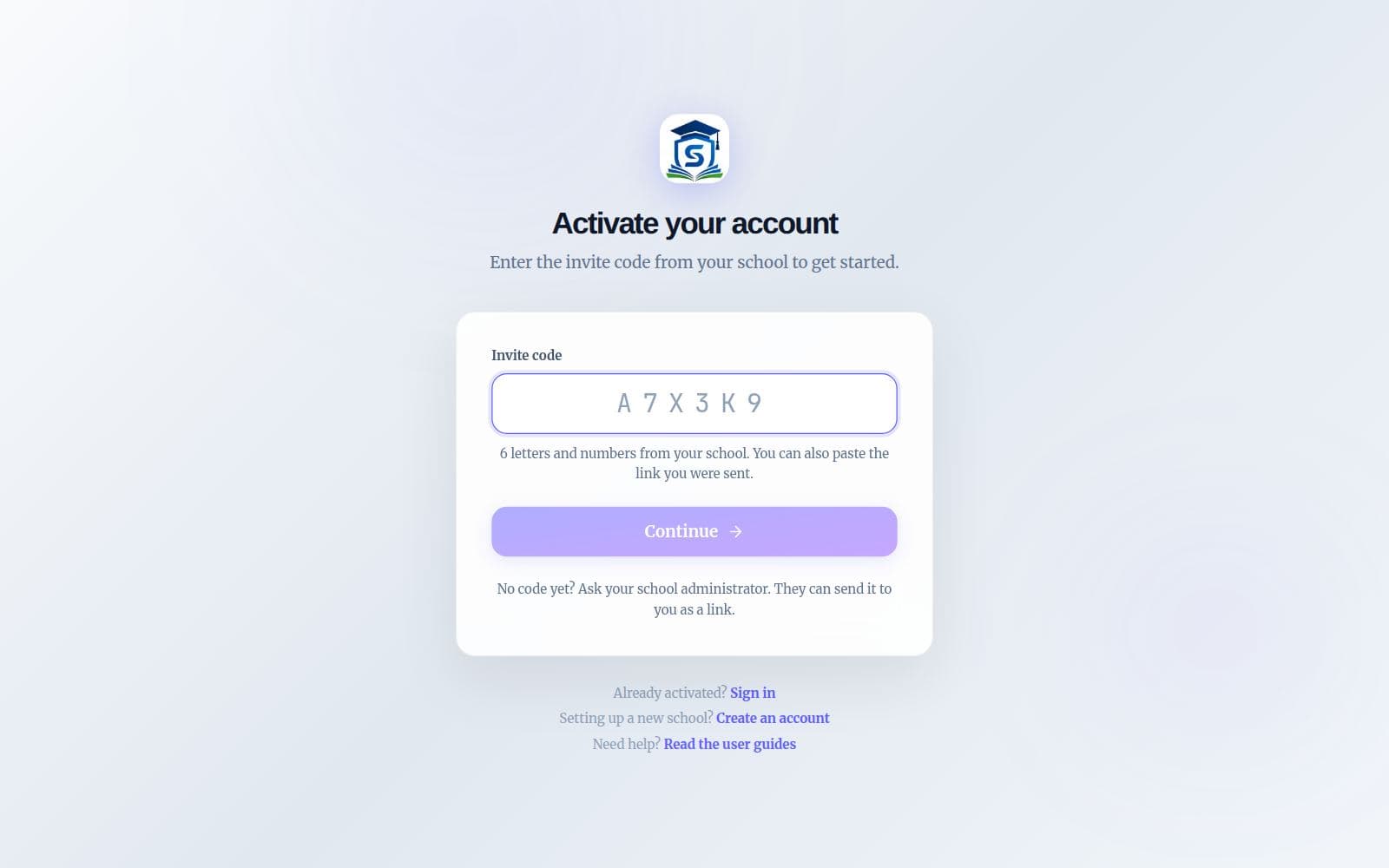 The account activation page with a box for the invite code