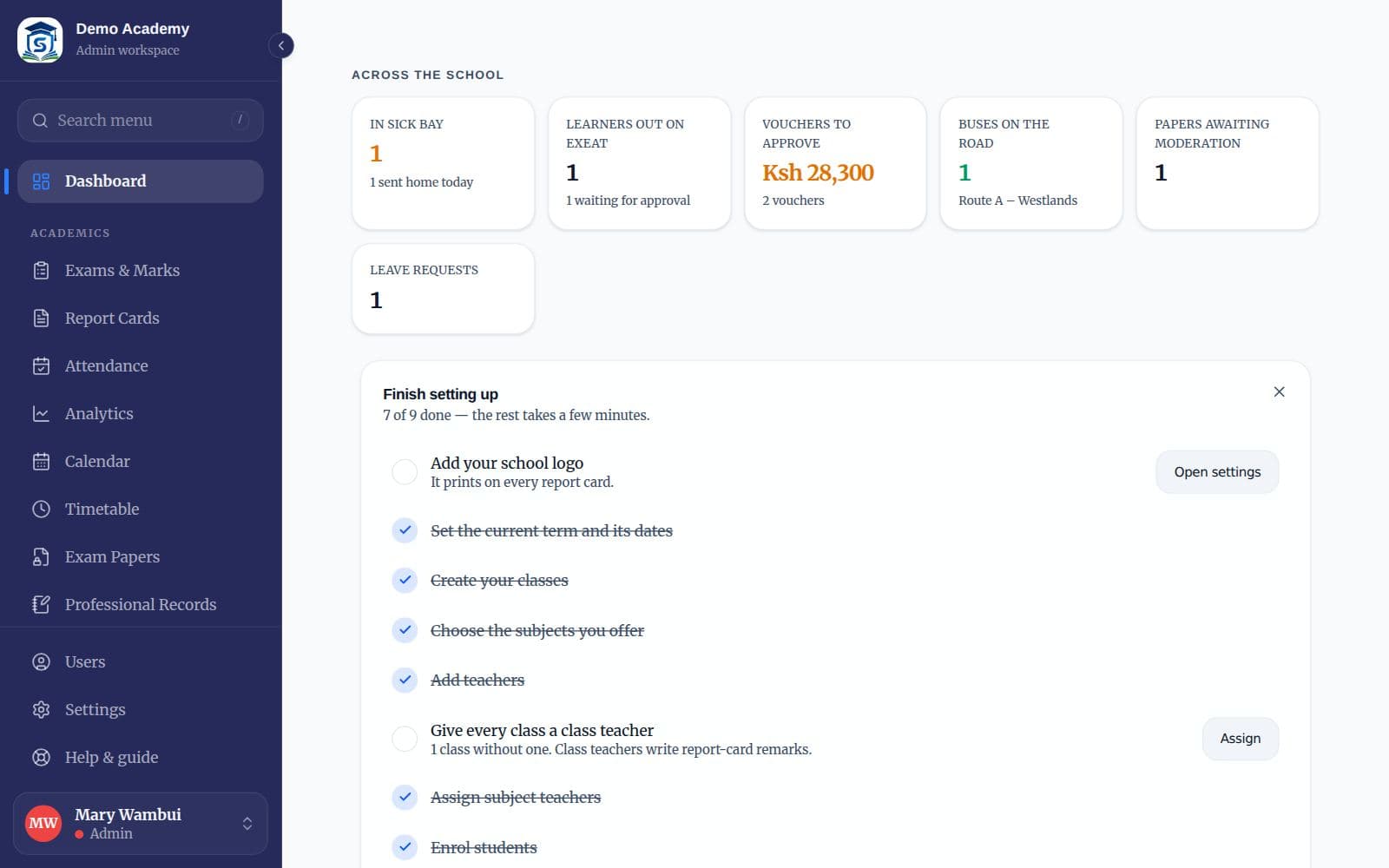 The Finish setting up checklist with ticked and unticked items