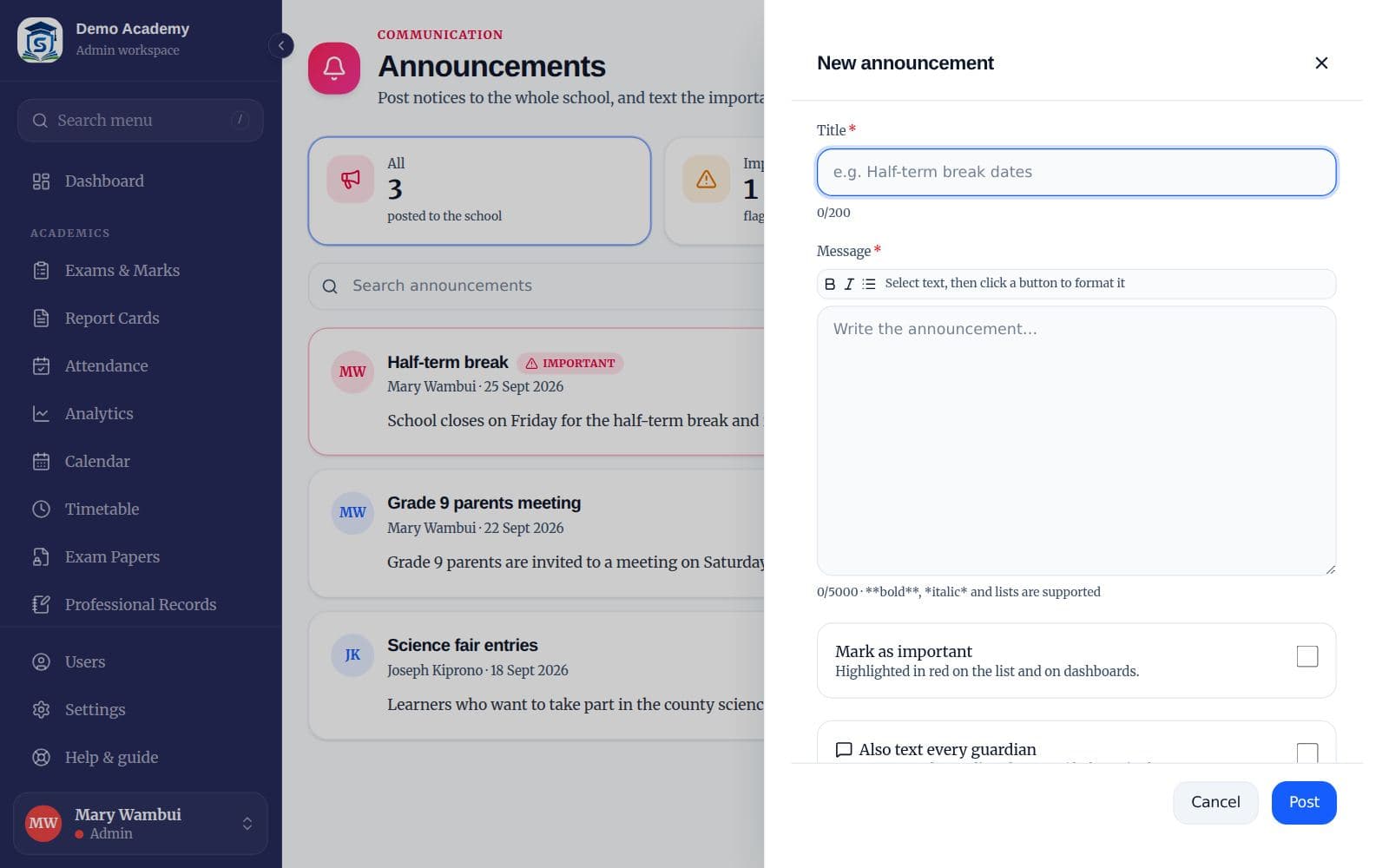 The new announcement form