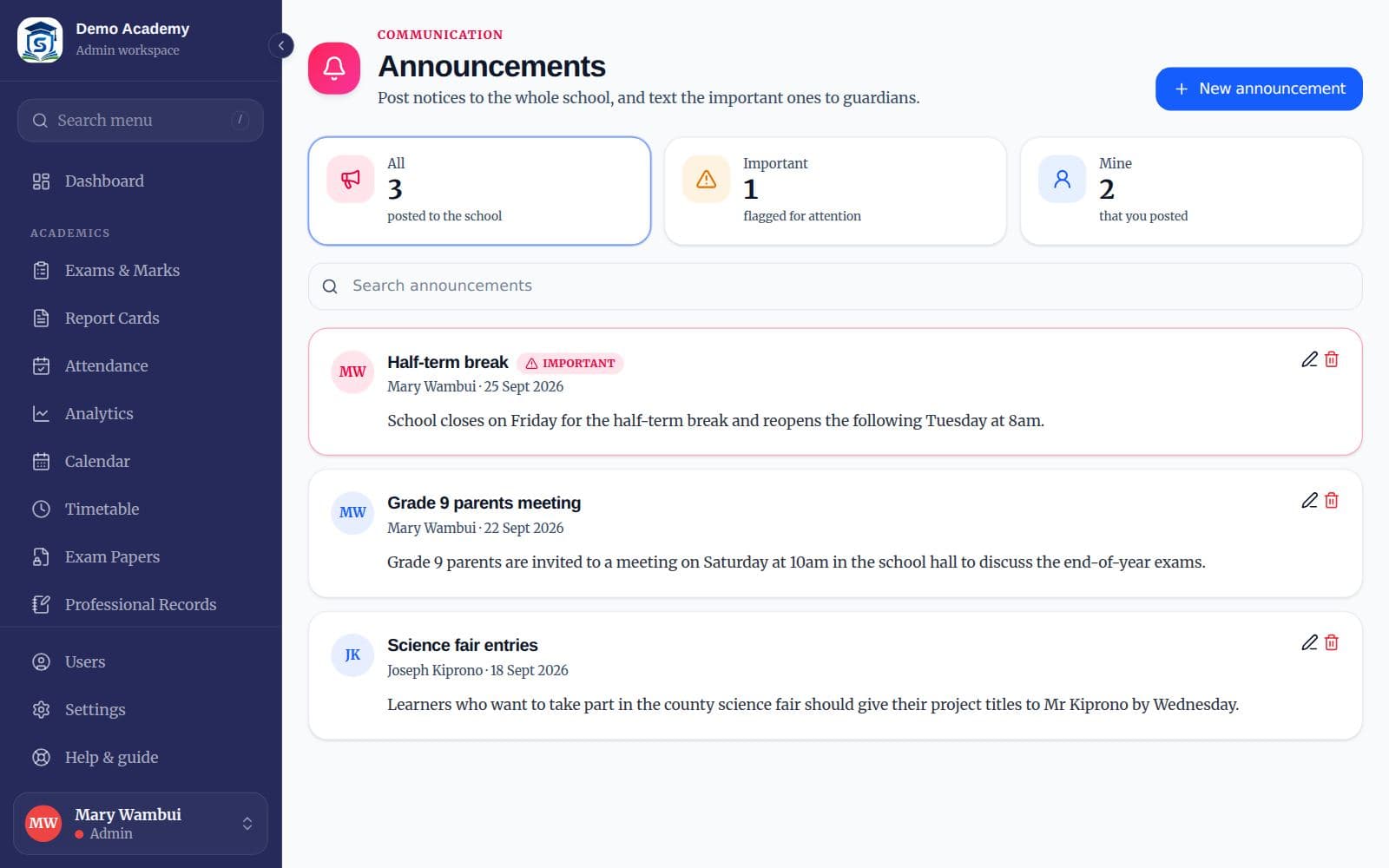 The Announcements page with a list of announcements