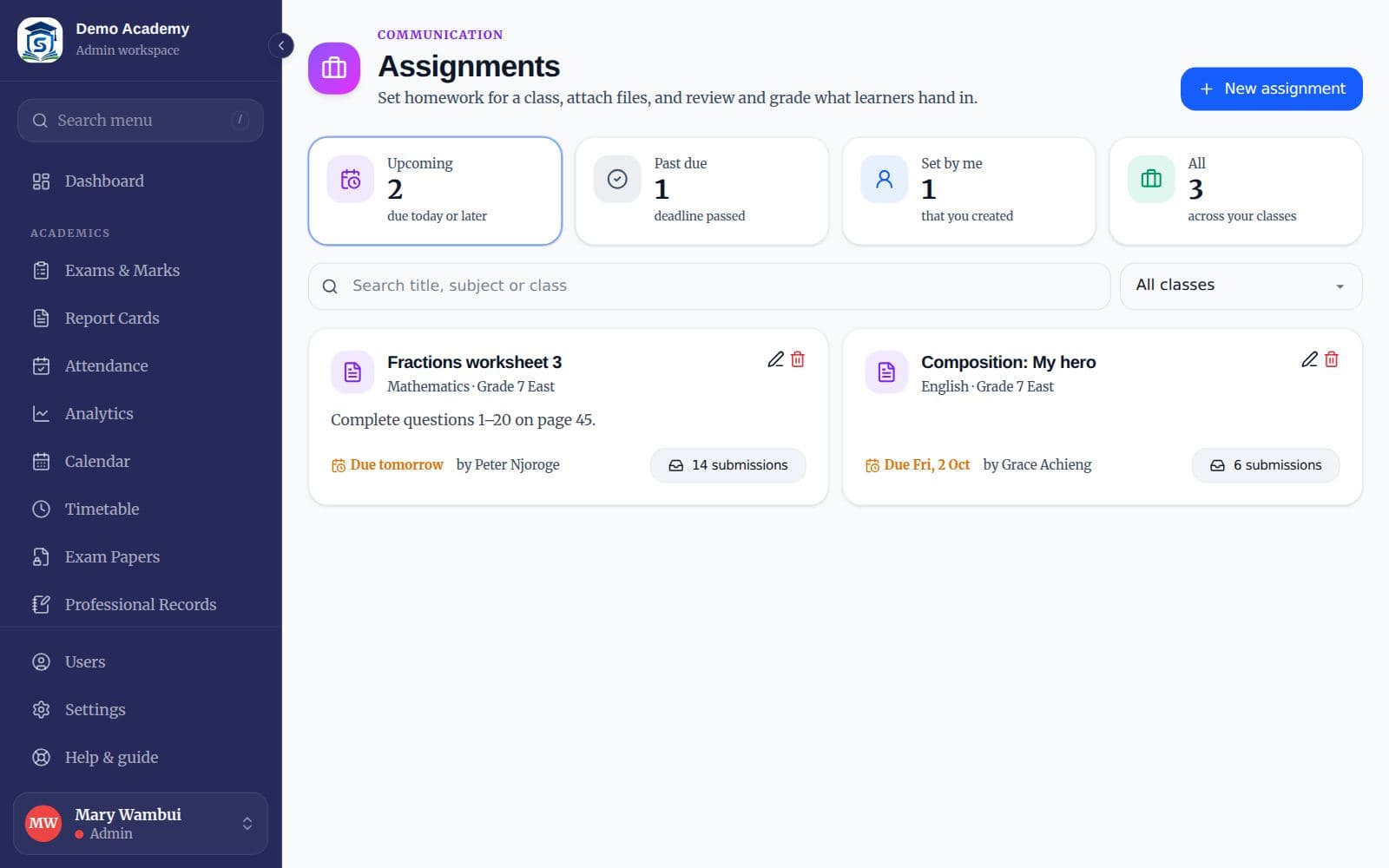 The Assignments page