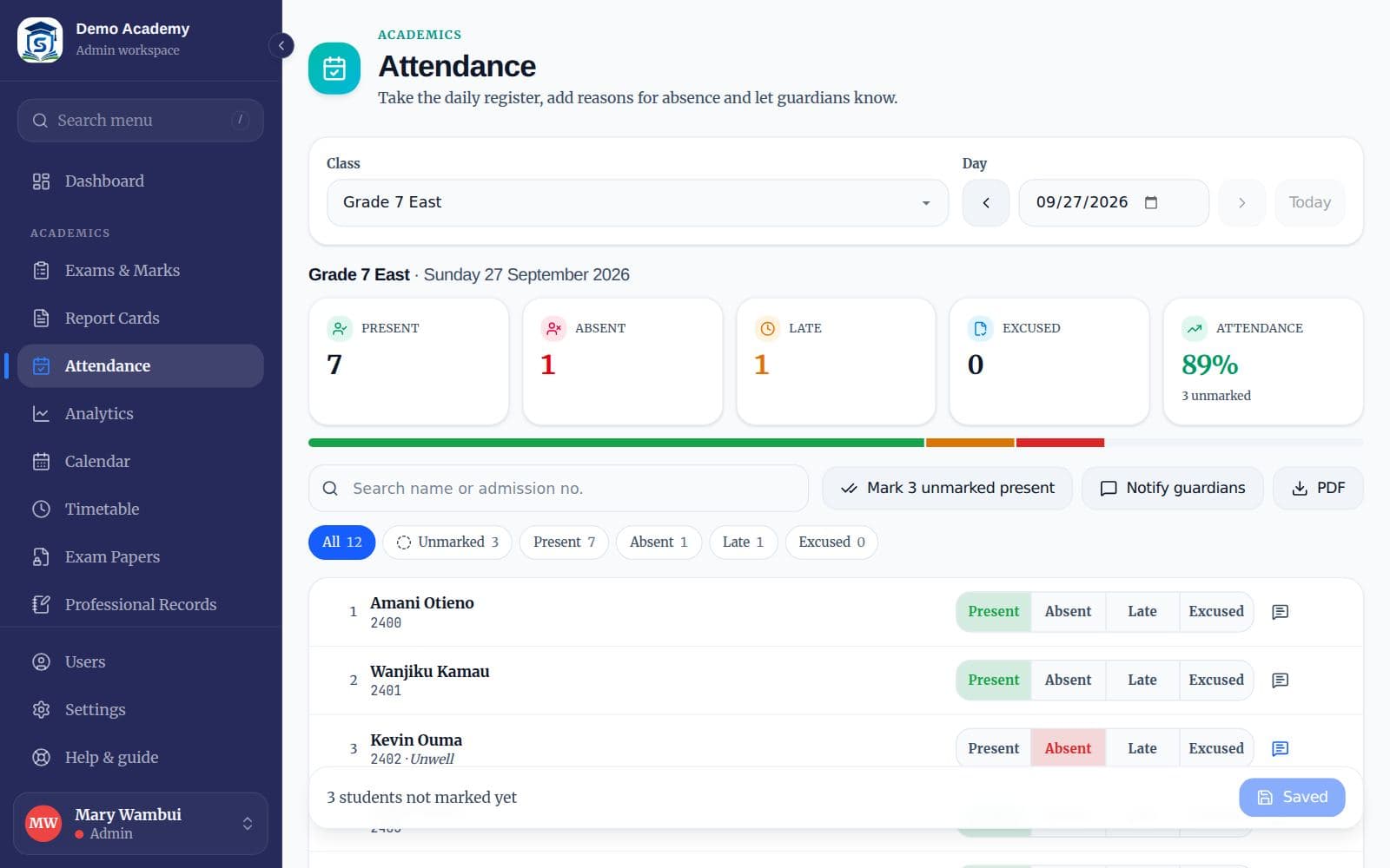 The attendance register for a class with Present, Absent, Late and Excused buttons