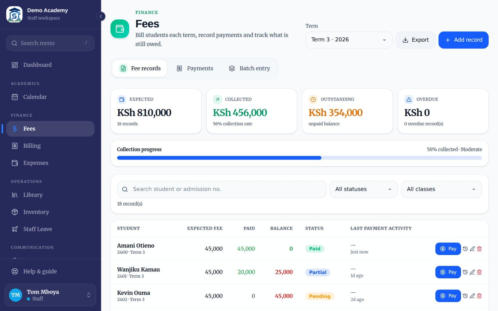 The Fees page for a bursar