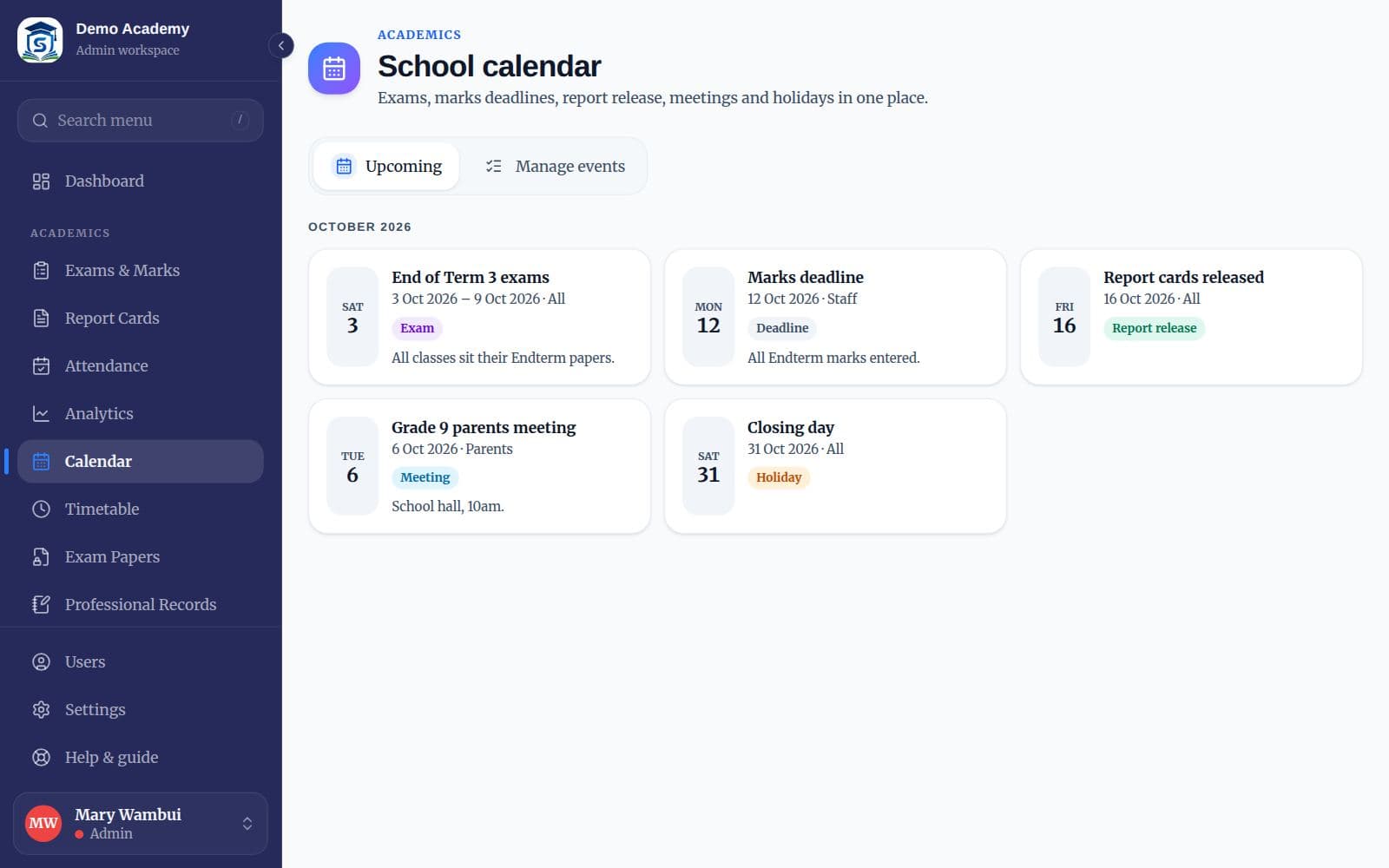 The school calendar with upcoming events by date