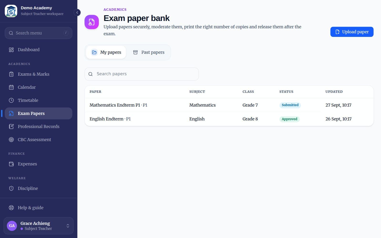 The Exam paper bank showing My papers with their status