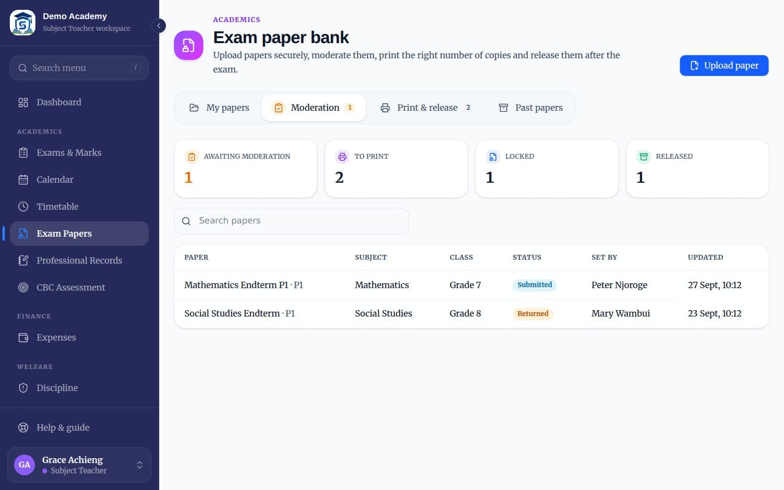 The exam paper bank Moderation tab