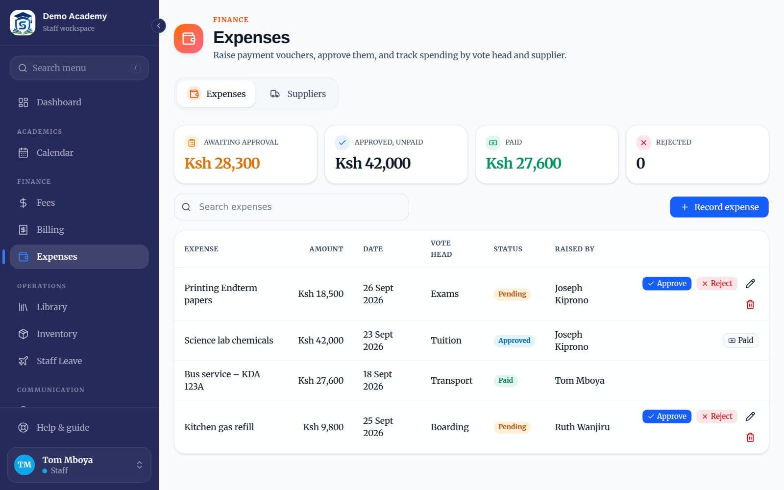The Expenses page with vouchers