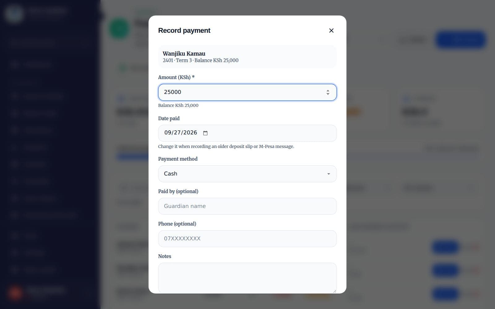 The Record payment dialog