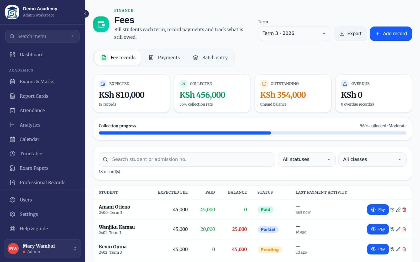 The Fees page with totals and fee records