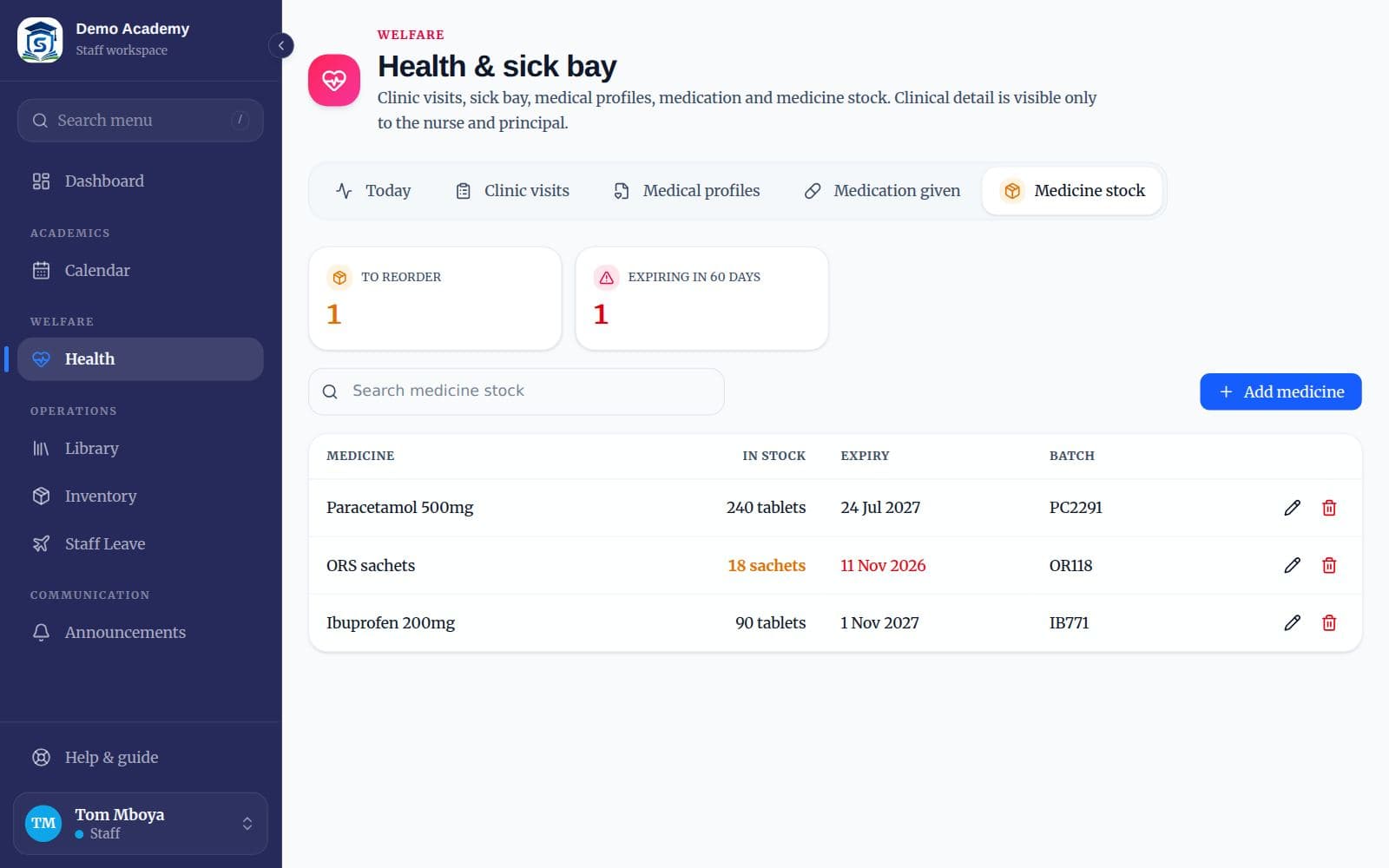 Medicine stock with reorder and expiry warnings