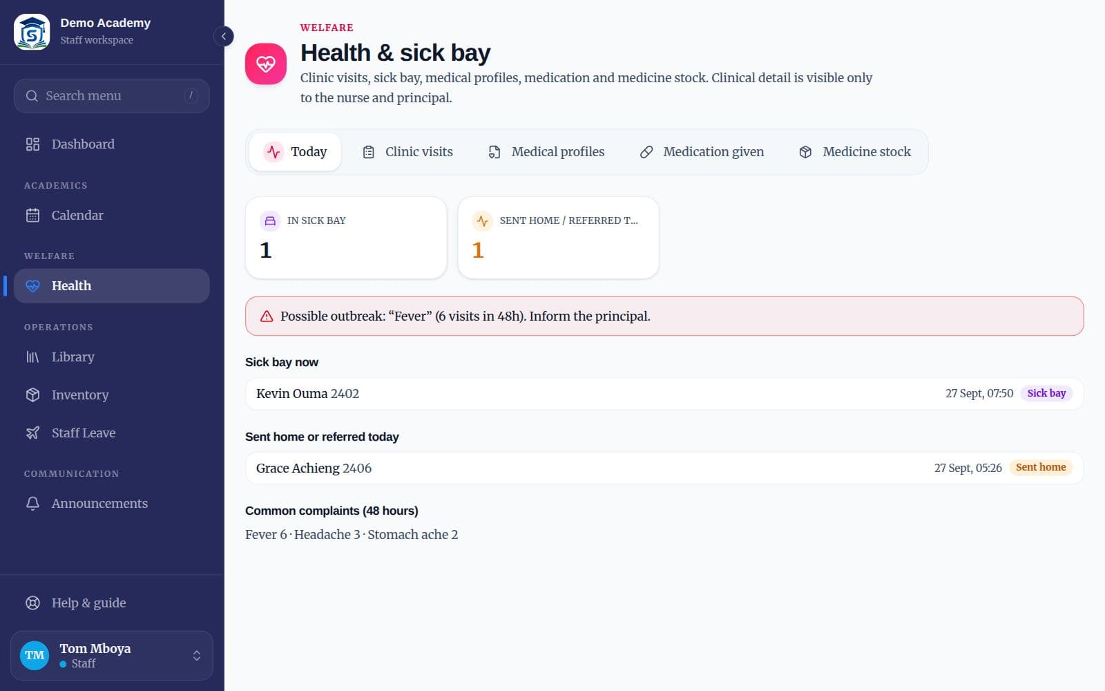 The Health Today tab with a possible outbreak alert