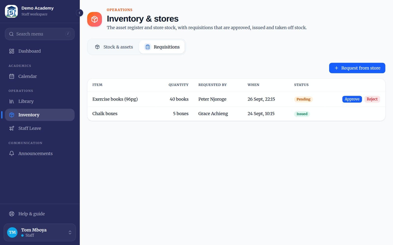 Requisitions with Approve and Reject buttons