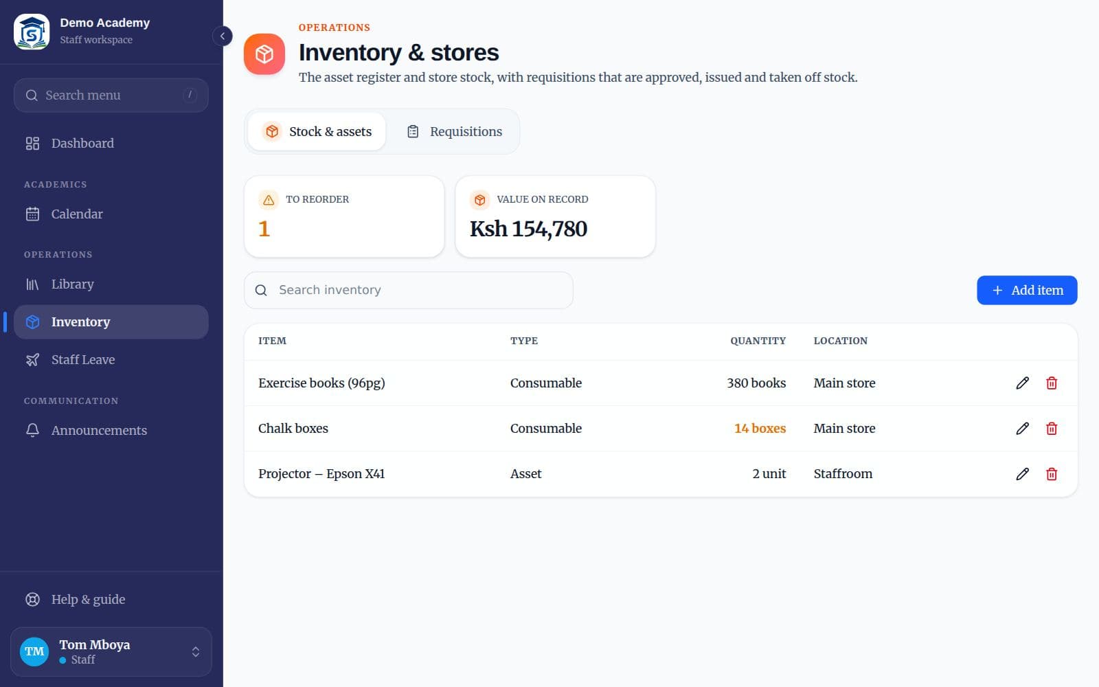 Stock and assets with reorder warnings