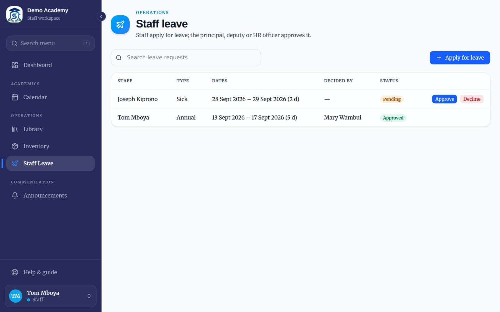 The Staff leave page with leave requests and their status