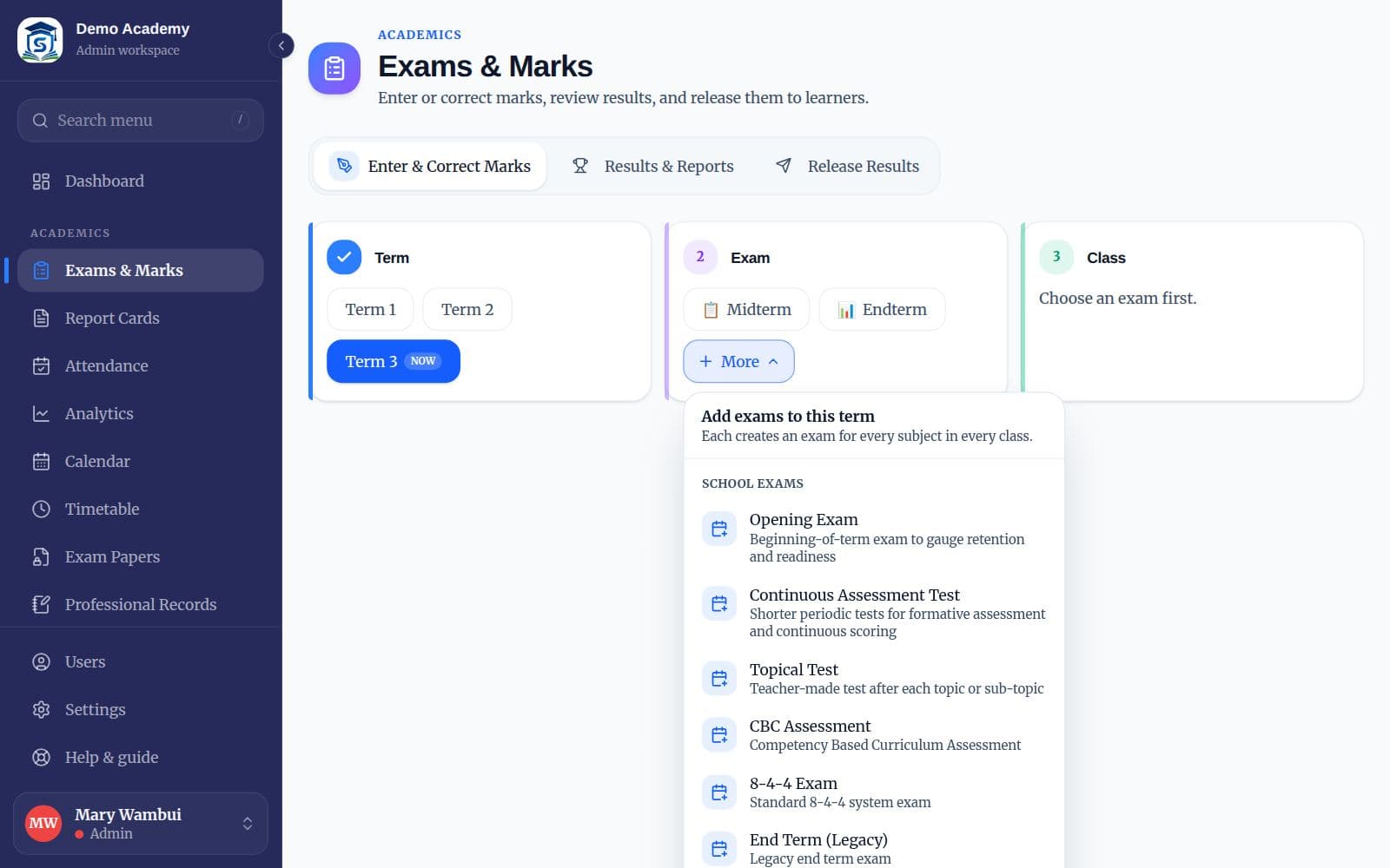 The exam menu with school exams, external and mock exams and tools