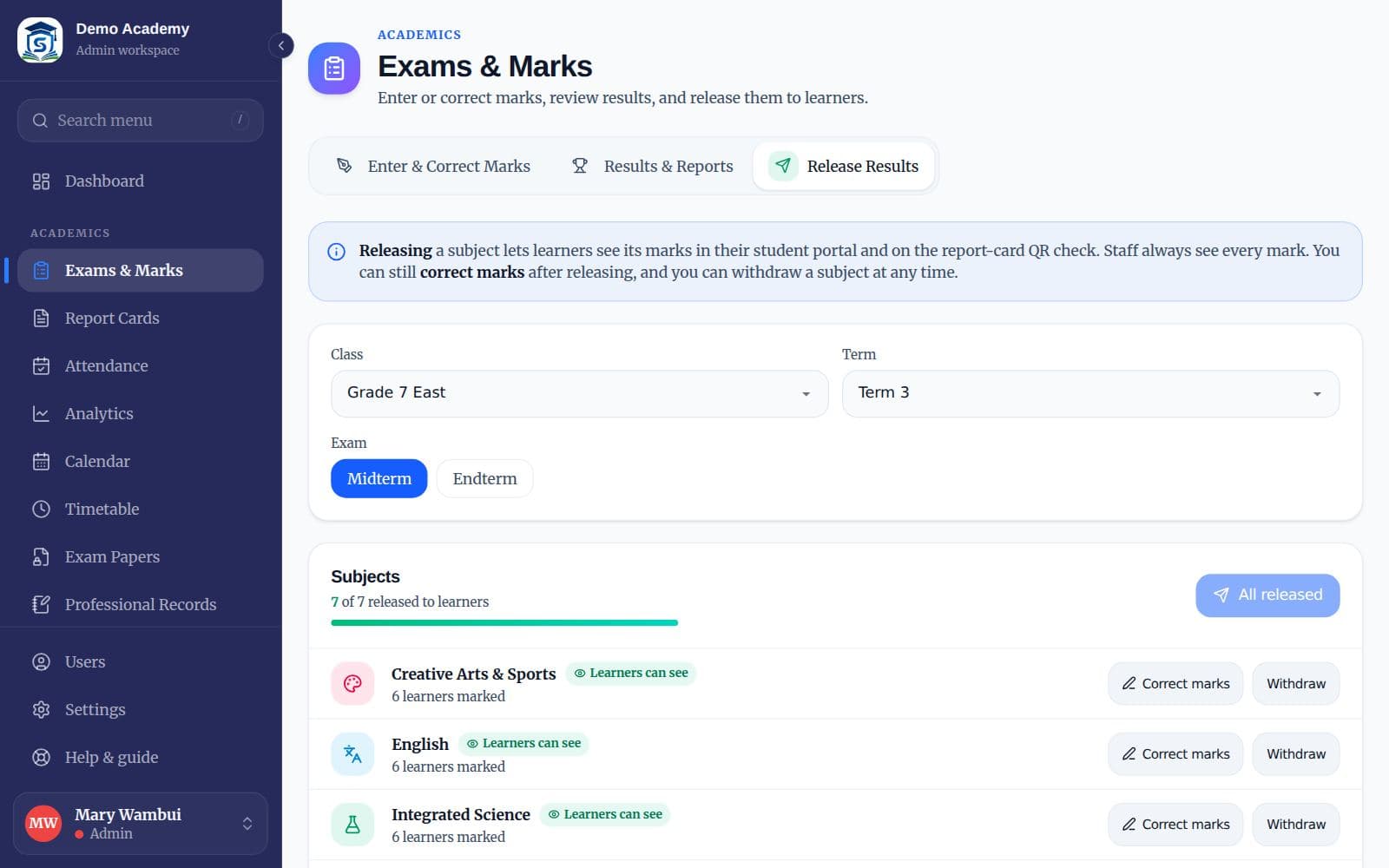 The Release Results tab listing subjects and their release status