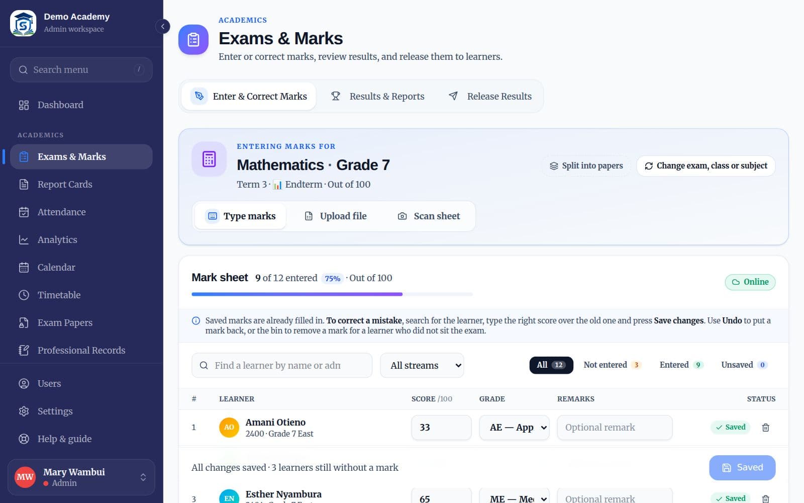 A mark sheet with scores, grades and a Save changes button