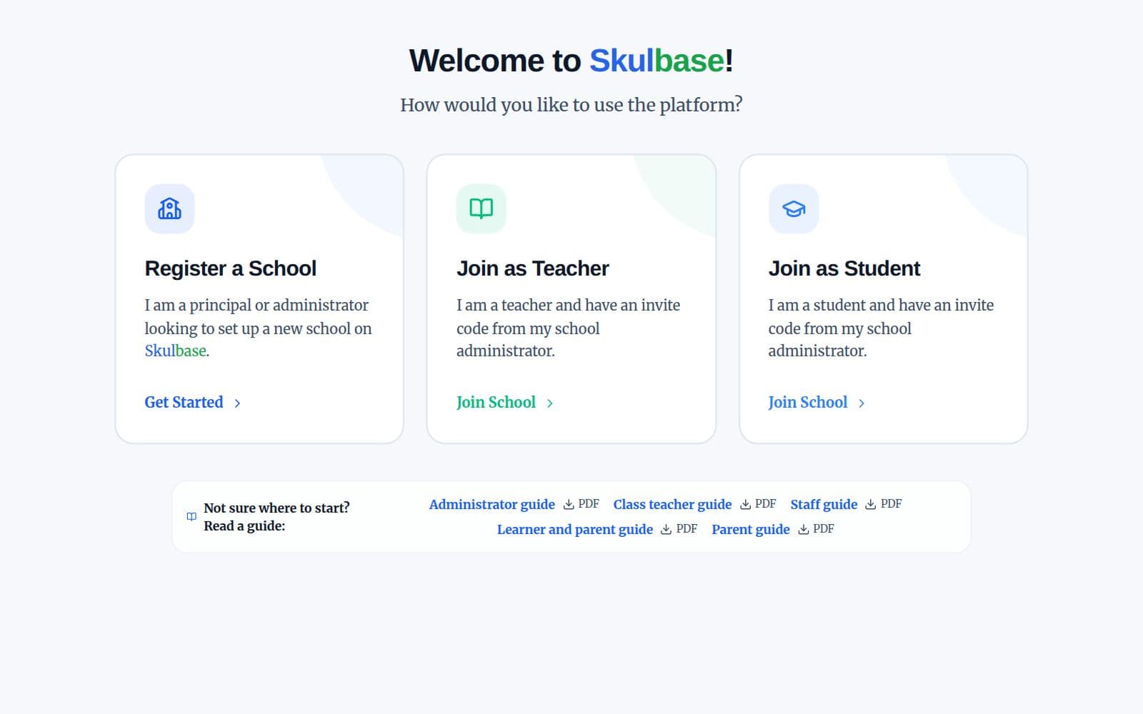 The welcome screen with Register a School, Join as Teacher and Join as Student