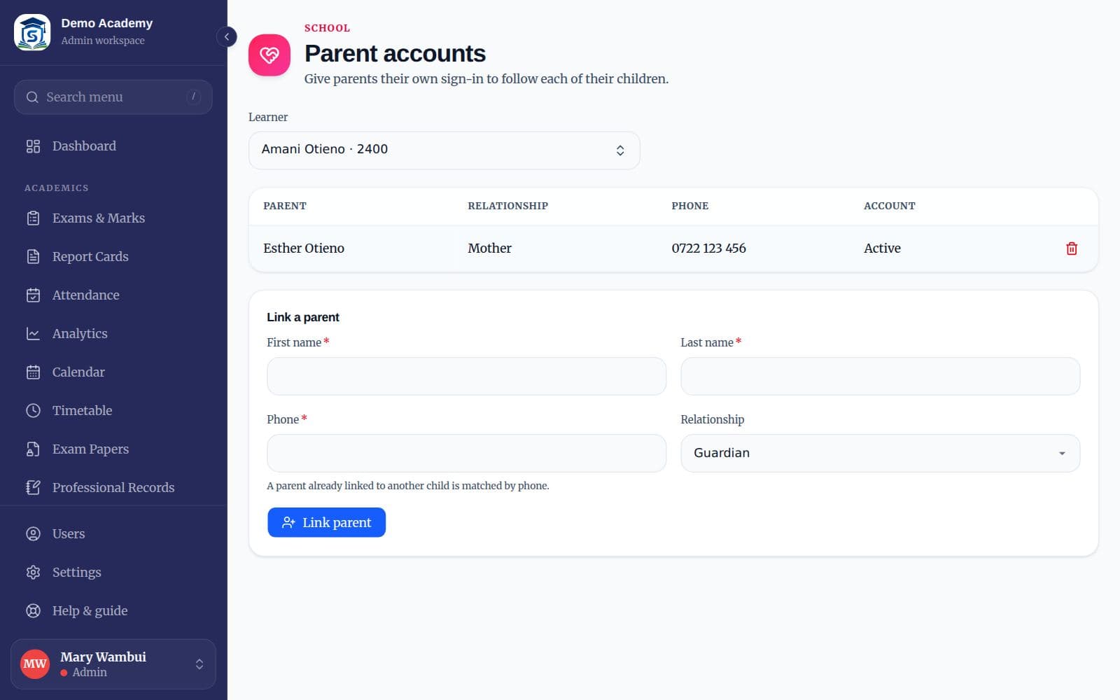 The Parent accounts page with a linked parent and the Link a parent form