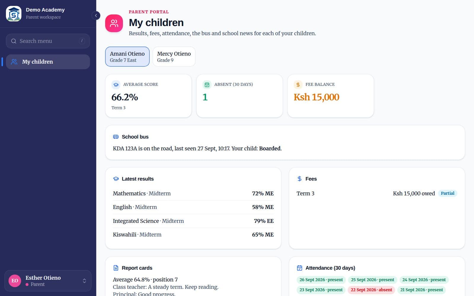 The parent portal showing one child’s results, fees, bus and attendance
