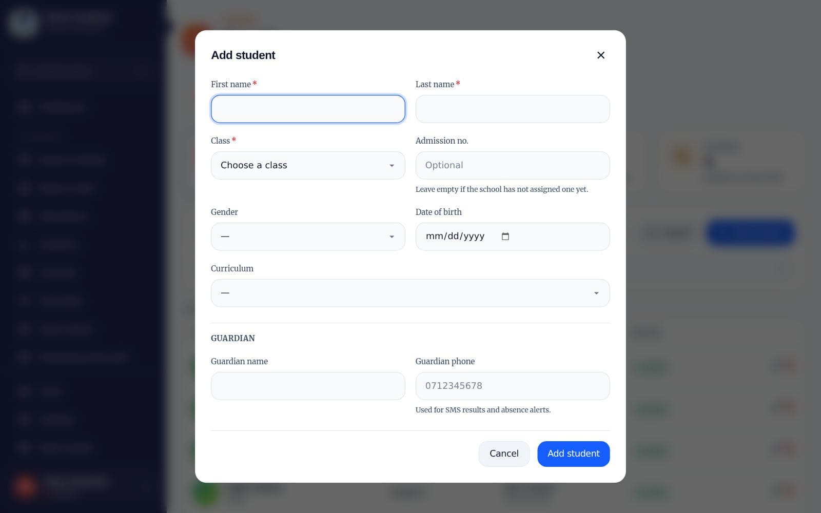 The Add student form