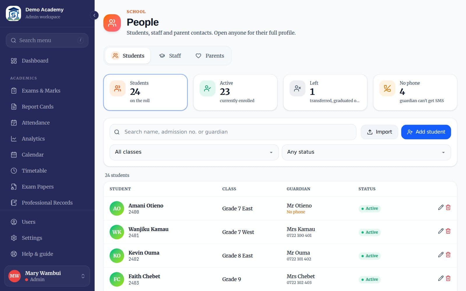 The People page Students tab