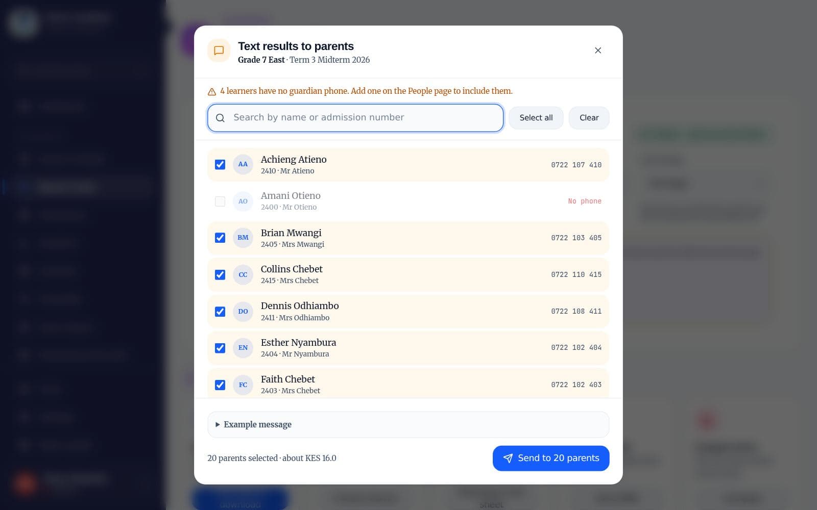 The Text results to parents dialog