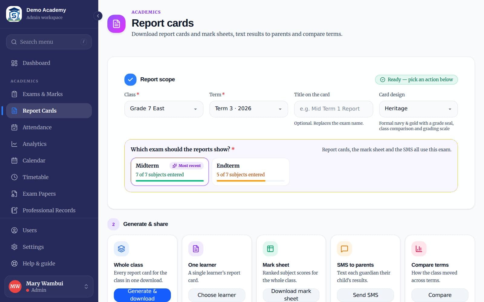 The Report cards page with class, term, card design and exam choices