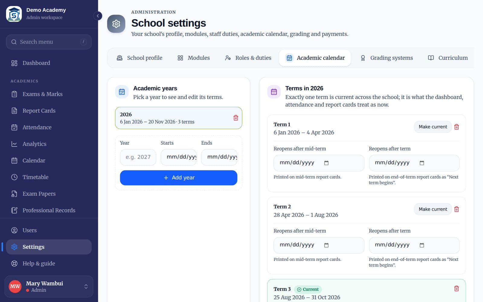 The Academic calendar settings tab with years and terms