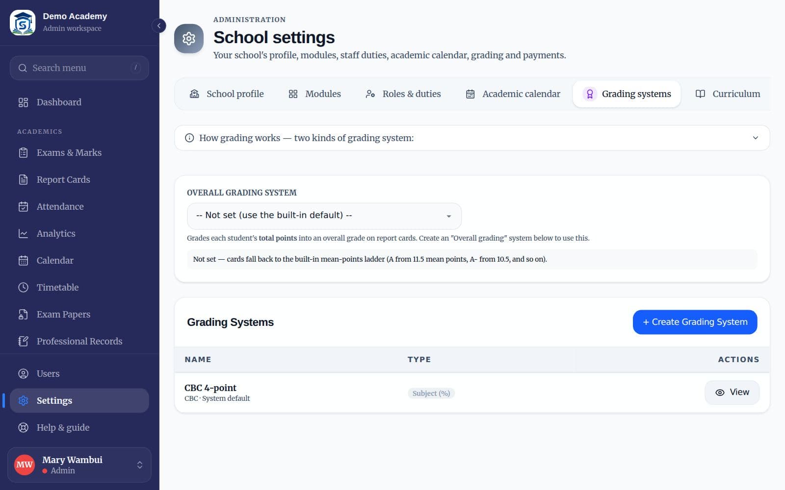 The Grading systems settings tab