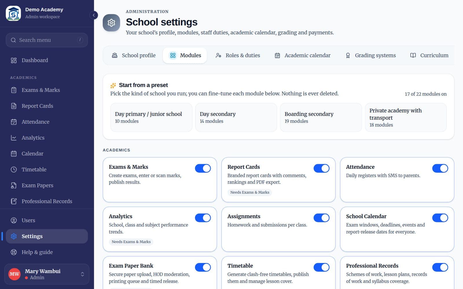 Settings Modules tab with presets and a switch for each module