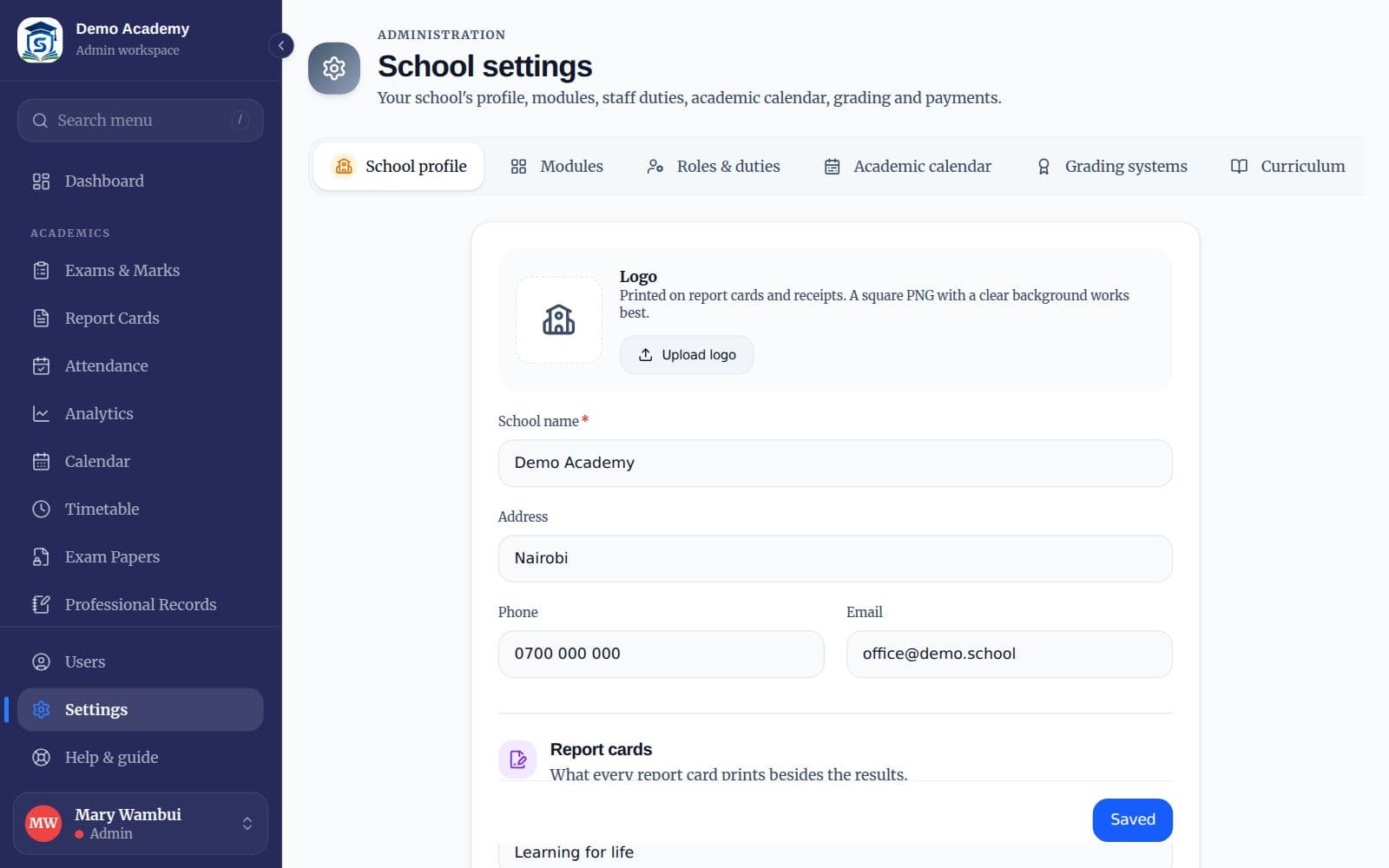 The School profile settings tab