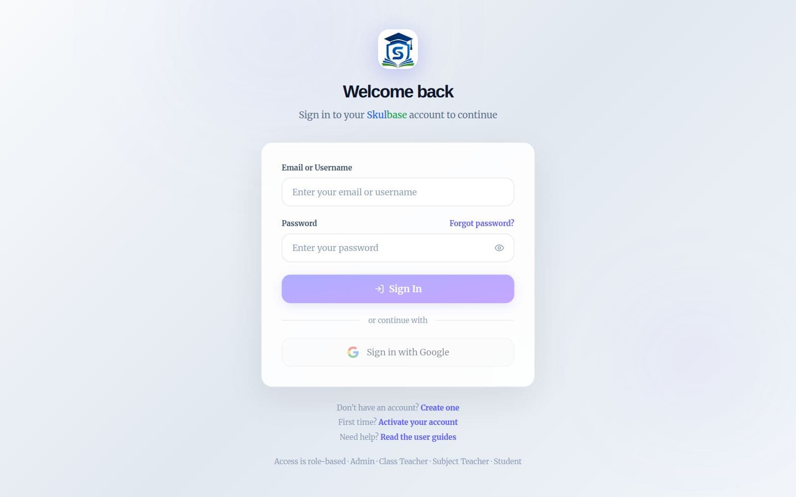The Skulbase sign-in page