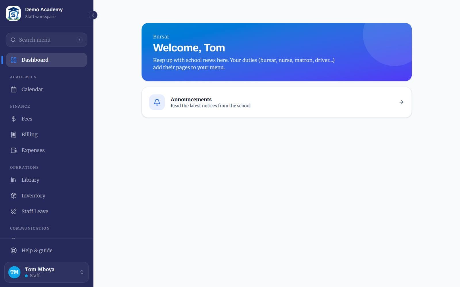 A staff dashboard with duty pages in the menu