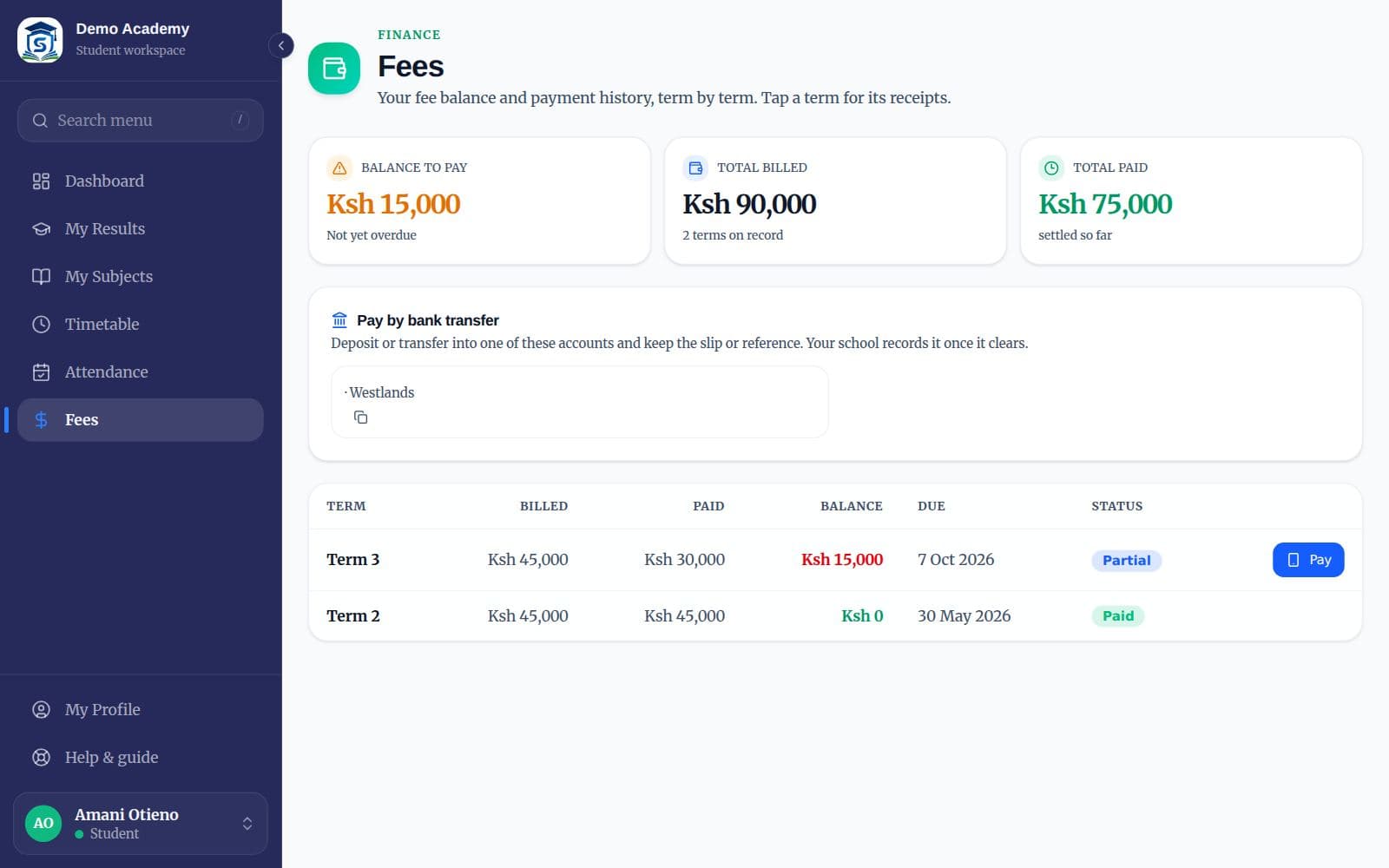 The learner fees page with balance and payment options