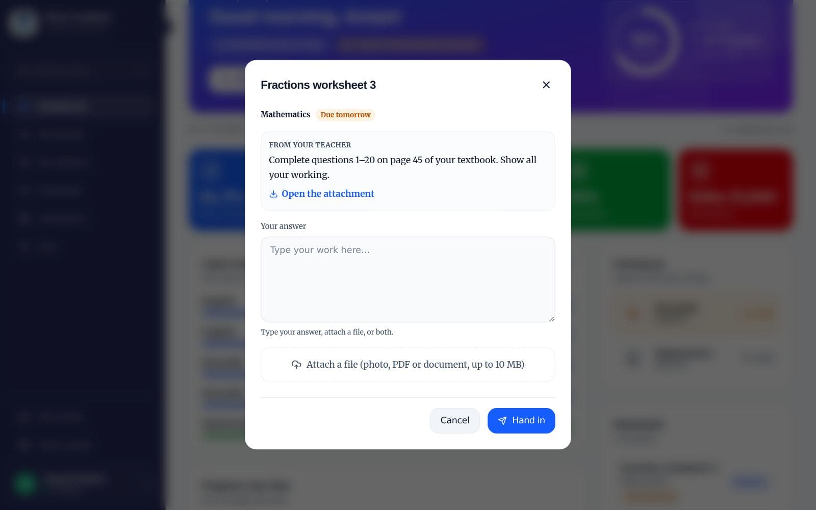 The hand-in dialog showing the teacher’s instructions and a box for your answer