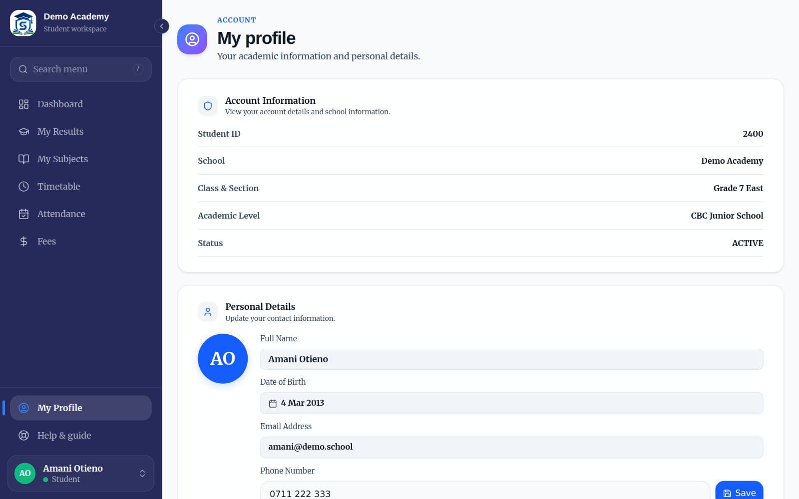 The learner profile page