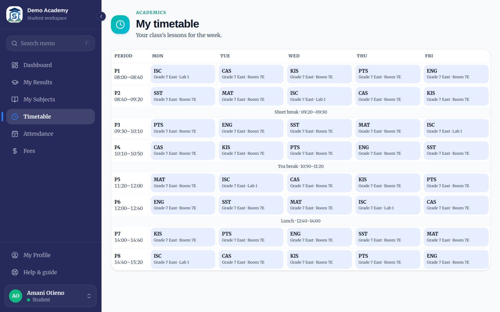 A learner’s weekly timetable