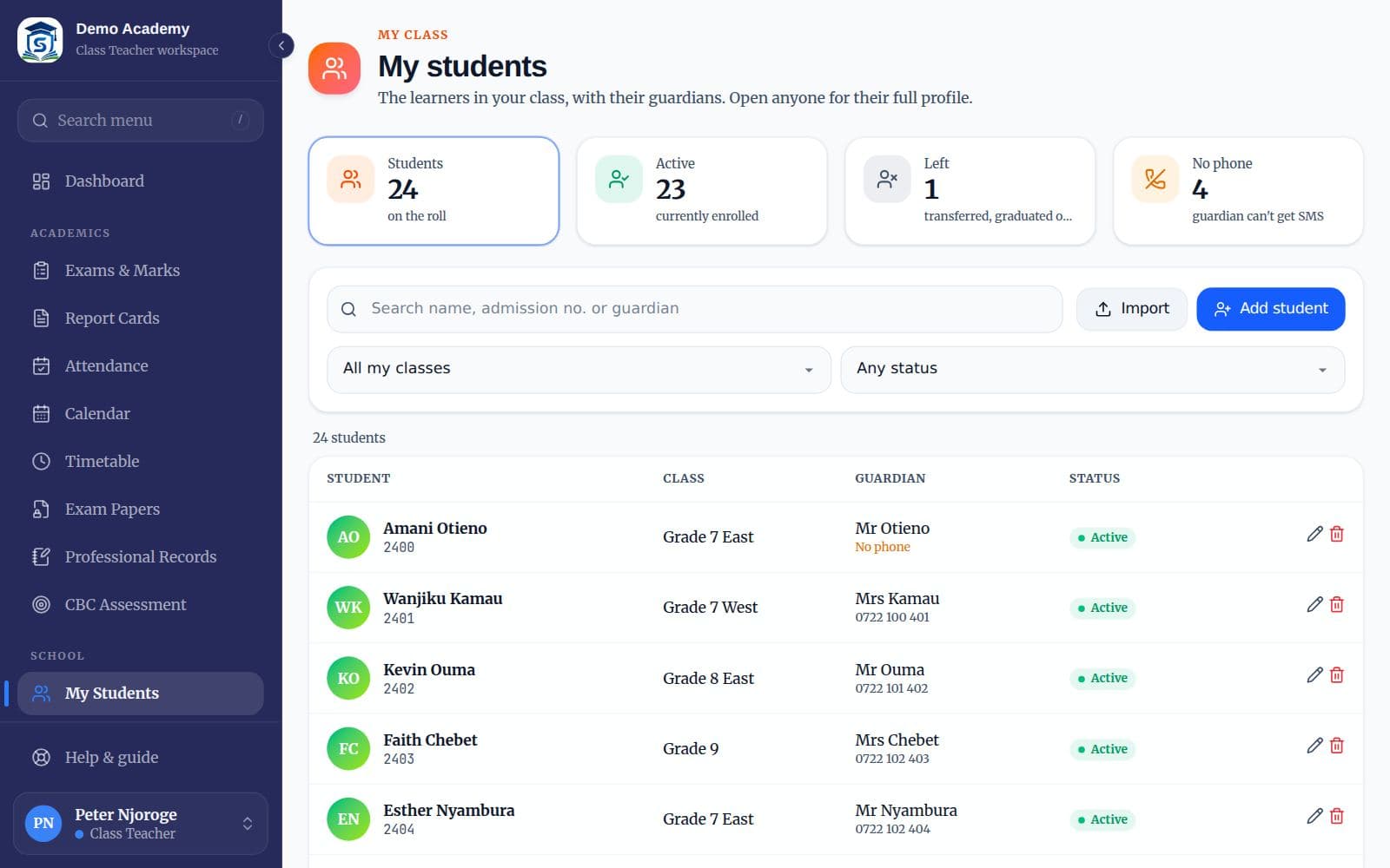 The My Students page showing a class list