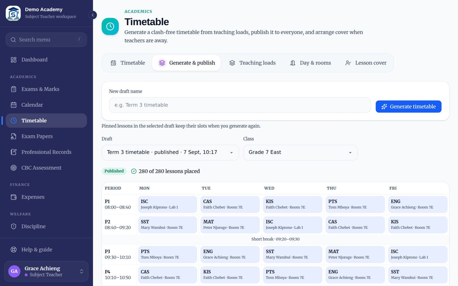 A generated timetable draft for a class