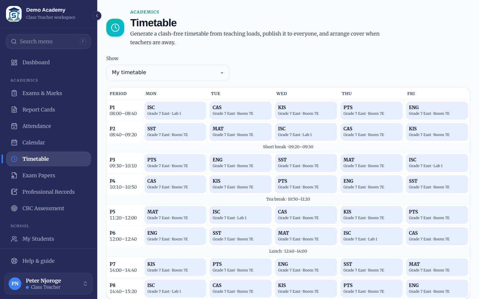 A published weekly timetable grid