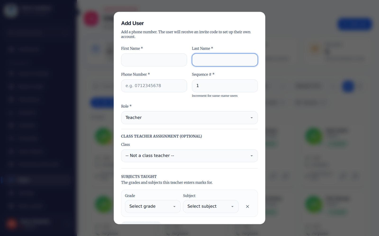 The Add User form